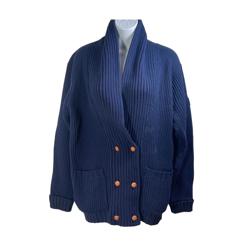 Old money vtg Sport Navy Blue Ribbed grandma Shawl Collar Sweater S